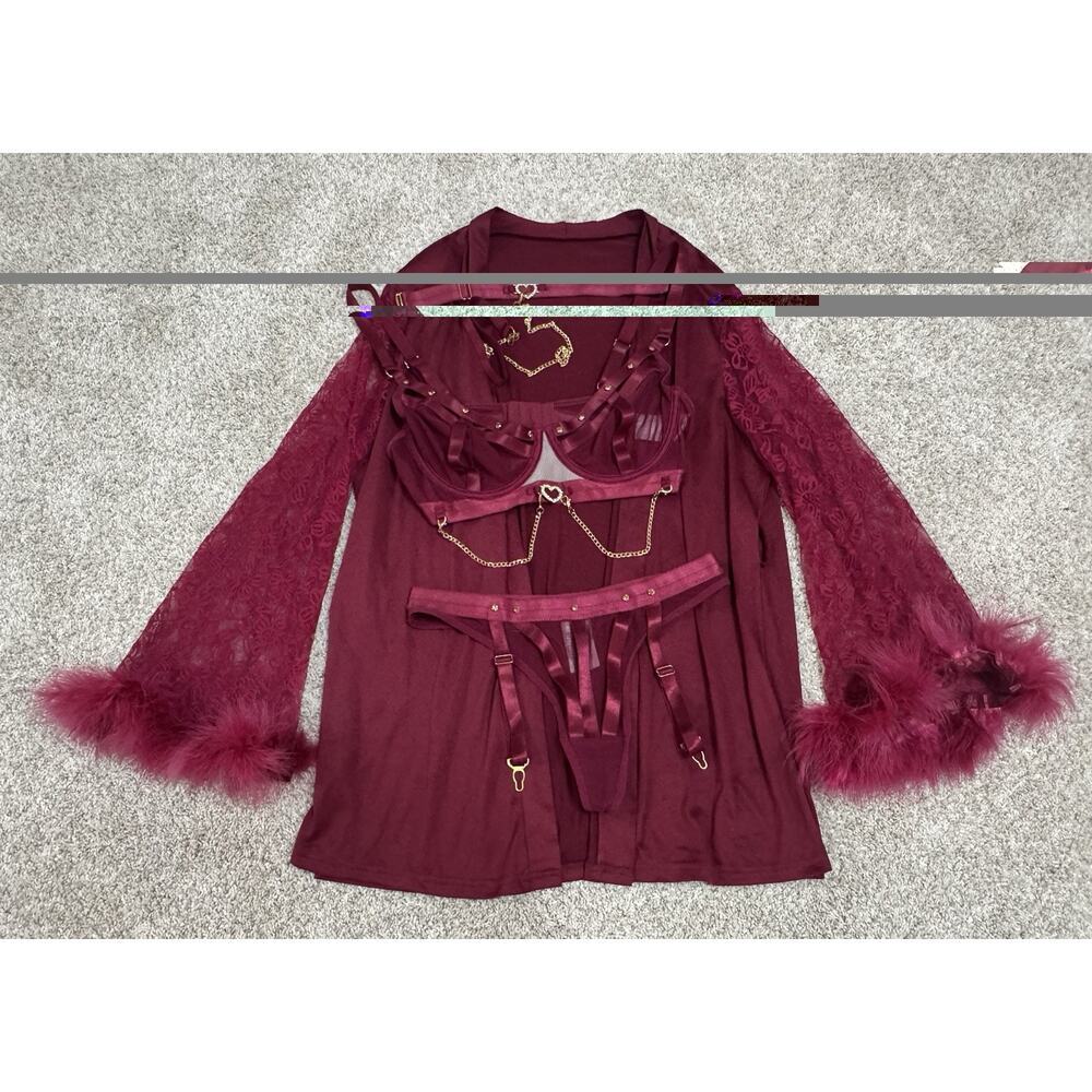 Burgundy 4pc Lace Rhinestone Heart Lingerie Set Robe Bra Garter Thong Choker M/L - Picture 2 of 10